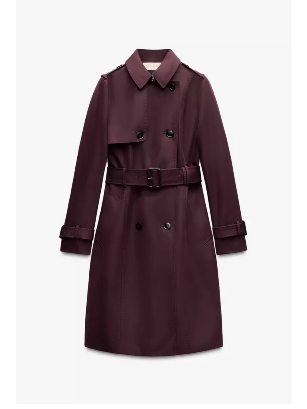 Zara Double-Breasted Belted Cotton Blend Trench Coat water repellent S Burgundy